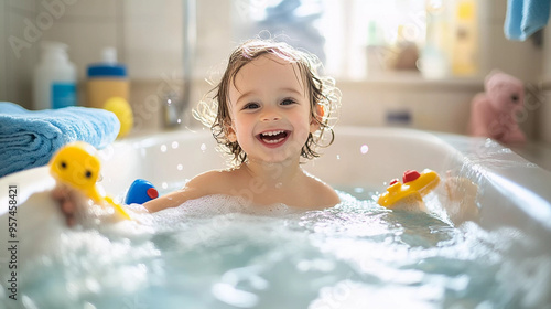 Portrait of happy kid bathing in tub 