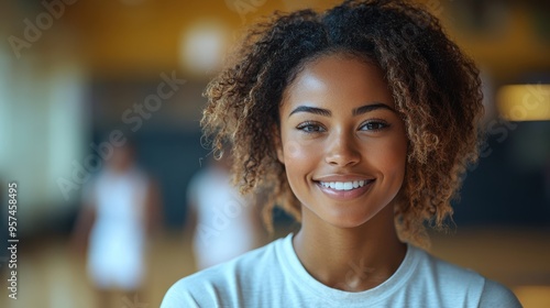 Portrait of a smiling African American basketball coach, standing in a sports hall with blurred background. Confident and happy athletic mentor.