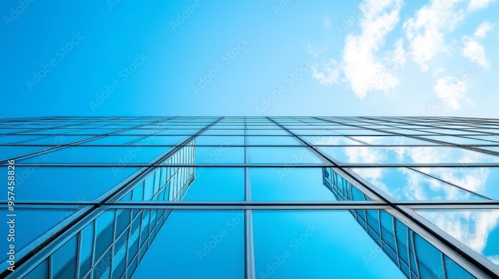 custom made wallpaper toronto digitalA modern skyscraper with reflective glass windows against a clear blue sky, showcasing a sleek urban architecture.