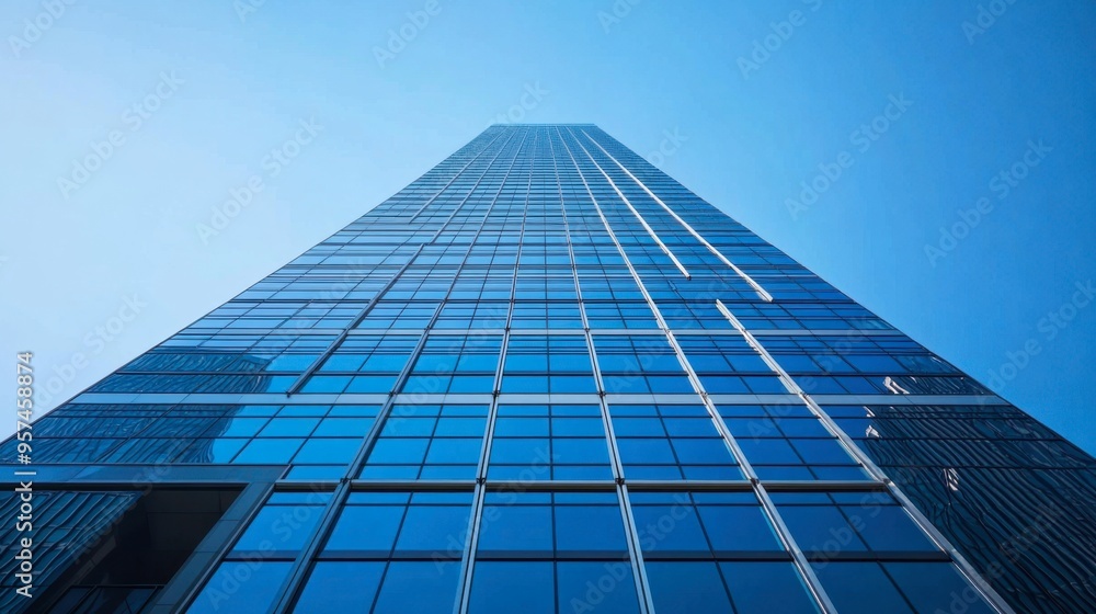 A modern skyscraper with reflective glass windows against a clear blue sky, showcasing a sleek urban architecture. A modern skyscraper with reflective glass windows against a clear blue sky, showcasing a sleek urban architecture.
