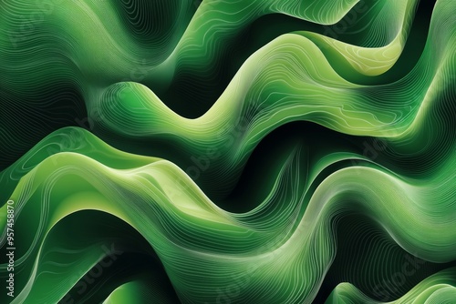 Digital illustration depicting green noise as blend of abstract shapes and waves in green tones. movement and depth with layered textures, soft lighting, concept of auditory green noise visually photo