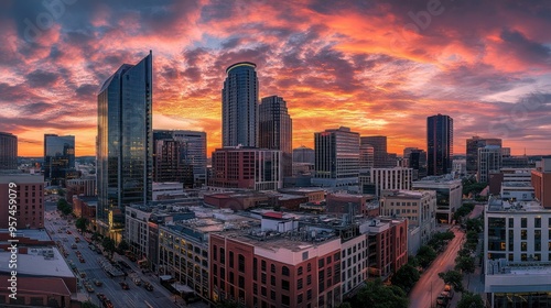 A panoramic view of a city skyline with a mix of modern and historic buildings, under a vibrant sunset sky.