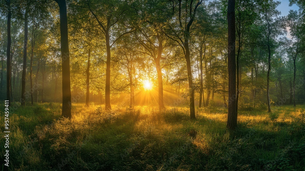 A panoramic view of a forest during the golden hour, with warm sunlight illuminating the trees and creating a magical atmosphere. A panoramic view of a forest during the golden hour, with warm sunlight illuminating the trees and creating a magical atmosphere.