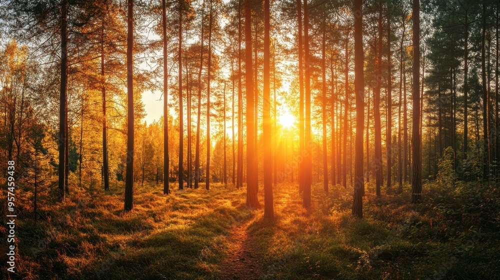A panoramic view of a forest during the golden hour, with warm sunlight illuminating the trees and creating a magical atmosphere. A panoramic view of a forest during the golden hour, with warm sunlight illuminating the trees and creating a magical atmosphere.