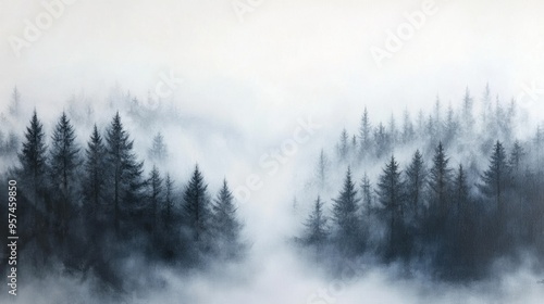 A panoramic view of a misty forest with fog rolling through the trees and a sense of tranquility and mystery.