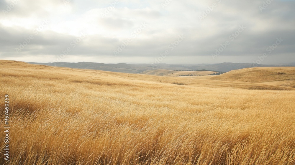 A peaceful field of tall, golden grasses swaying in the wind, with a soft, overcast sky and distant hills creating a calming landscape. A peaceful field of tall, golden grasses swaying in the wind, with a soft, overcast sky and distant hills creating a calming landscape.