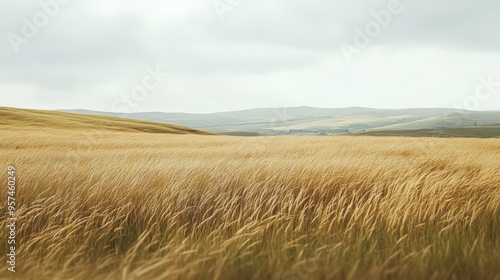 A peaceful field of tall, golden grasses swaying in the wind, with a soft, overcast sky and distant hills creating a calming landscape.