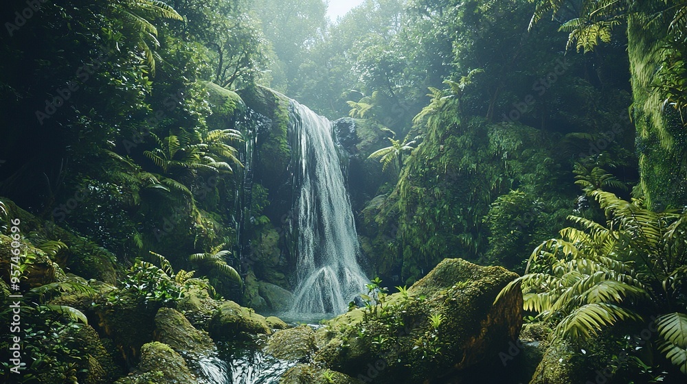 Waterfall in heart of lush forest, surrounded by greenery, rocks Waterfall in heart of lush forest, surrounded by greenery, rocks