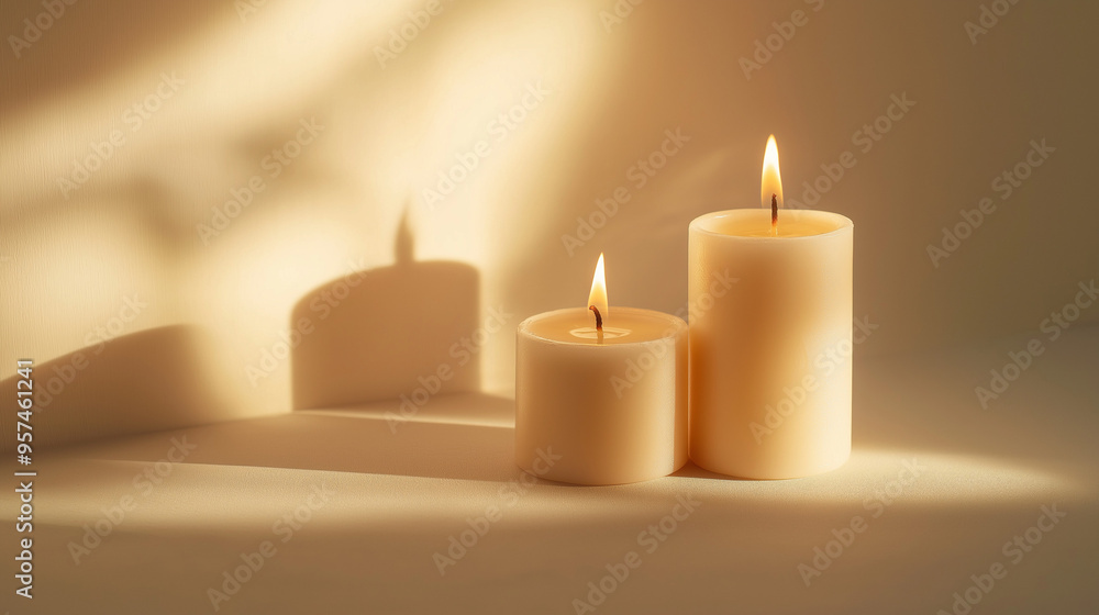 two candles, one tall and one short, with soft, flickering flames against an isolated opal background two candles, one tall and one short, with soft, flickering flames against an isolated opal background