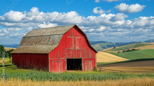 A rustic barn with weathered wood and a classic red paint, set in a rural landscape with rolling hills and open fields.