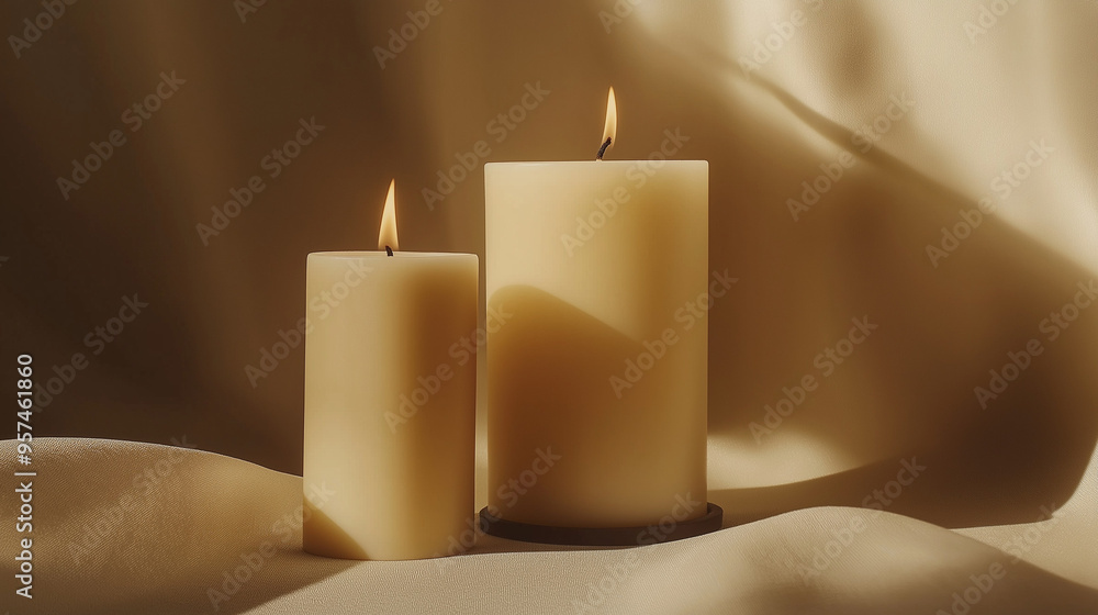 two candles, one tall and one short, with soft, flickering flames against an isolated opal background two candles, one tall and one short, with soft, flickering flames against an isolated opal background
