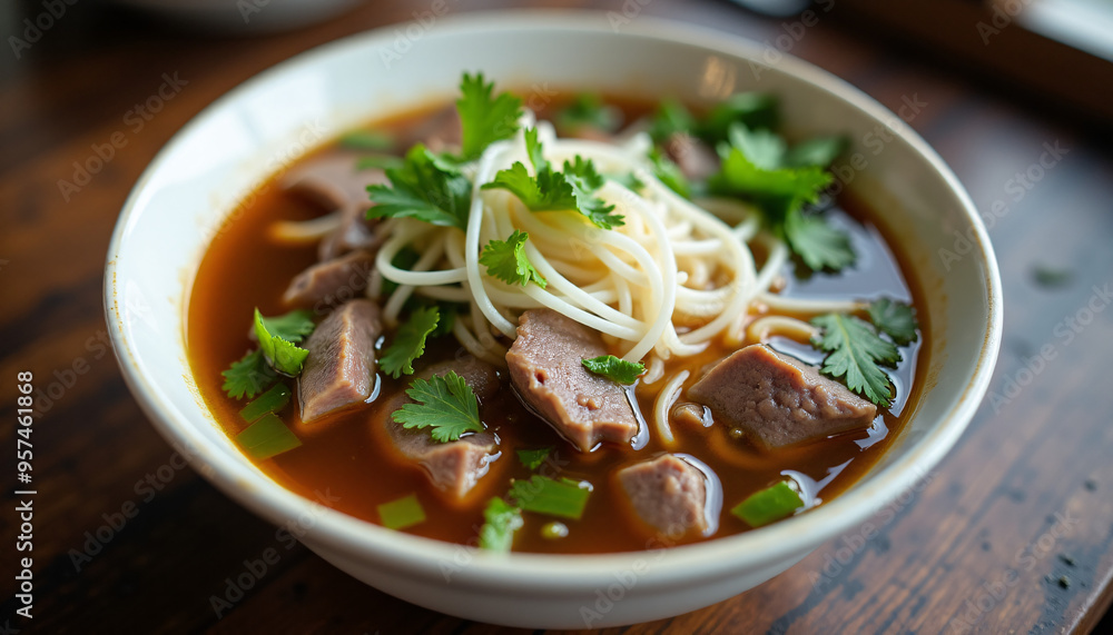 Angled shot of a bowl of beef pho with rice noodles, bean sprouts, and fresh herbs. The broth is rich and aromatic. Angled shot of a bowl of beef pho with rice noodles, bean sprouts, and fresh herbs. The broth is rich and aromatic.