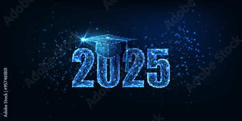 Futuristic graduation 2025 concept banner with glowing low polygonal graduation hat on dark blue 