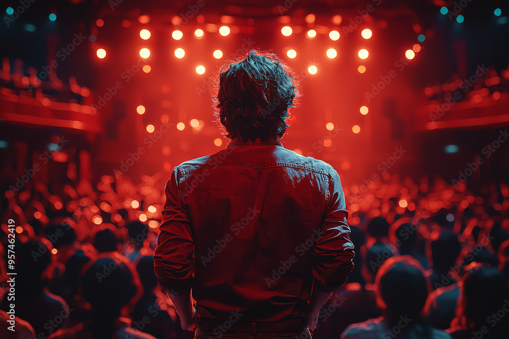 A performer receiving a standing ovation after an exceptional show, basking in the appreciation of the audience. Concept of performance excellence and recognition. A performer receiving a standing ovation after an exceptional show, basking in the appreciation of the audience. Concept of performance excellence and recognition.