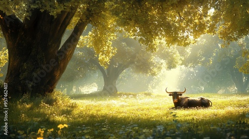 A serene countryside setting with a single bull resting under the shade of a tree, with soft sunlight filtering through the leaves.