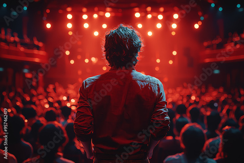 A performer receiving a standing ovation after an exceptional show, basking in the appreciation of the audience. Concept of performance excellence and recognition.