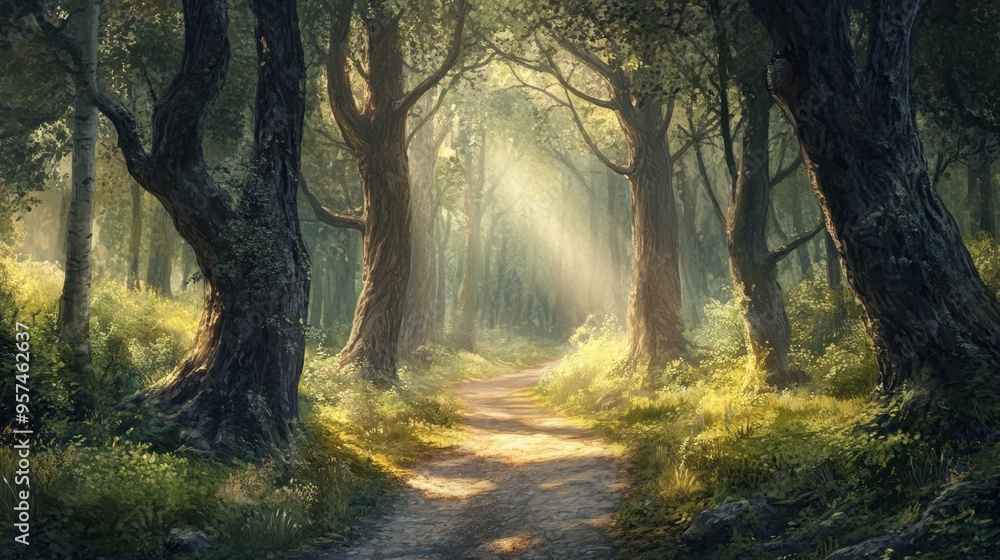 Fototapeta premium A serene forest path winding through tall, ancient trees with sunlight streaming through the foliage, creating a peaceful and inviting atmosphere.