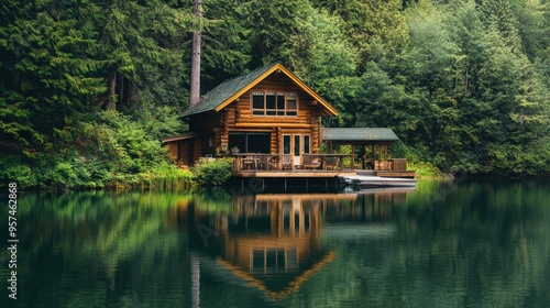 A serene lakeside cabin with wooden exterior and a dock, surrounded by lush greenery and reflecting in the calm water.