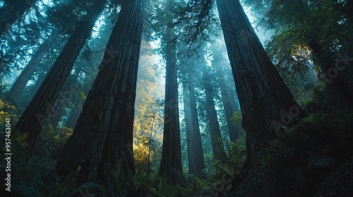   A dense woodland abounding in towering trunks beside another on a hazy morning