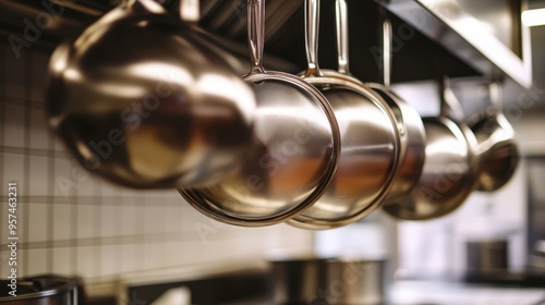 A set of stainless steel pots and pans hanging neatly in a professional kitchen, with bright lighting highlighting their sleek surfaces.