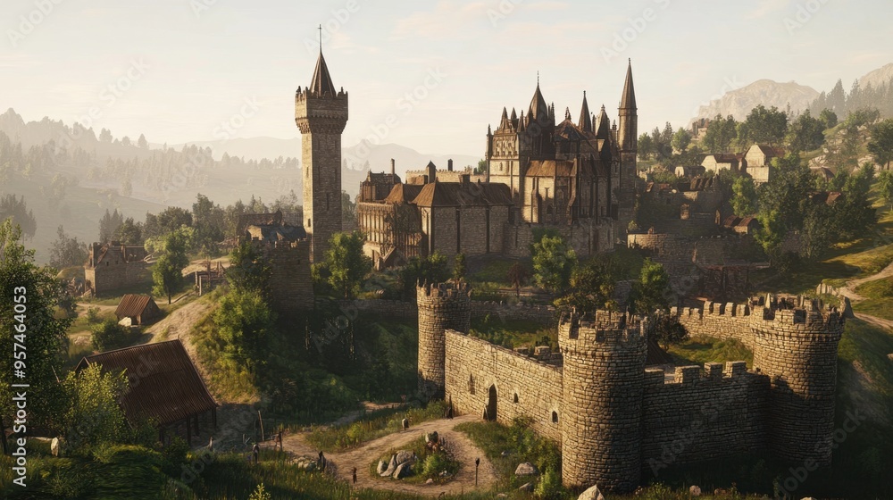 Naklejka premium A traditional medieval castle with stone walls, turrets, and a moat, set in a dramatic landscape with rolling hills and forests.