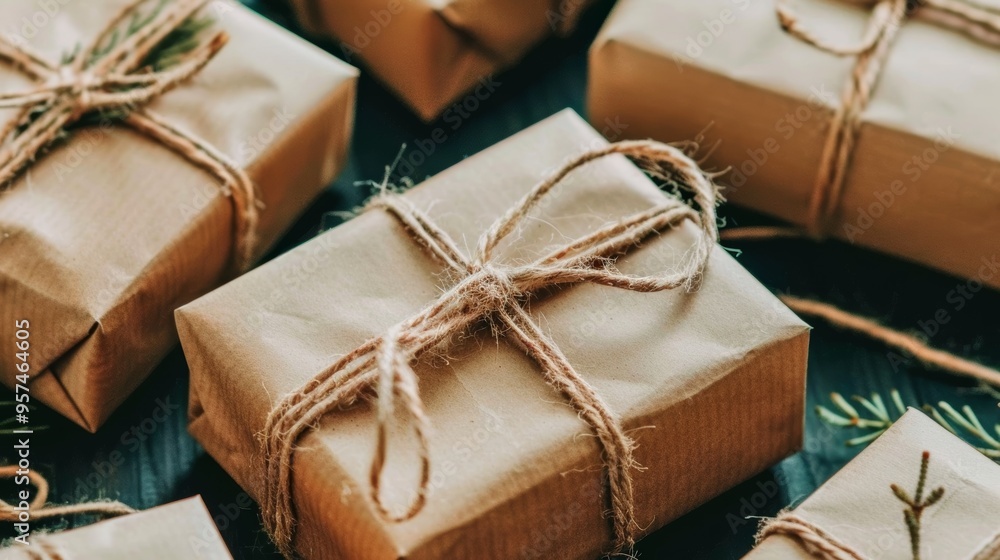 Rustic gifts wrapped in brown paper with twine Rustic gifts wrapped in brown paper with twine