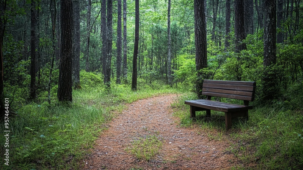 A tranquil forest setting with a lone wooden bench positioned among the trees, offering a peaceful spot to sit and enjoy nature. A tranquil forest setting with a lone wooden bench positioned among the trees, offering a peaceful spot to sit and enjoy nature.