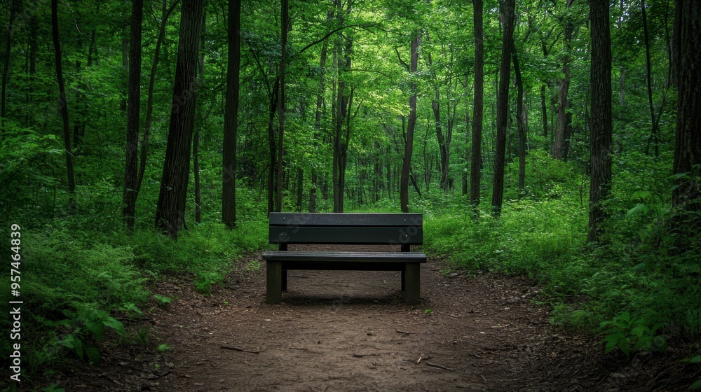 A tranquil forest setting with a lone wooden bench positioned among the trees, offering a peaceful spot to sit and enjoy nature.
