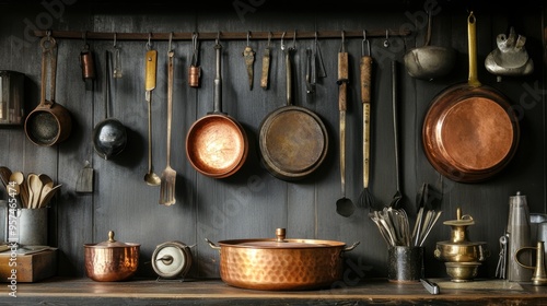 A vintage copper pot hanging on a kitchen wall with a collection of other antique kitchen tools and utensils.