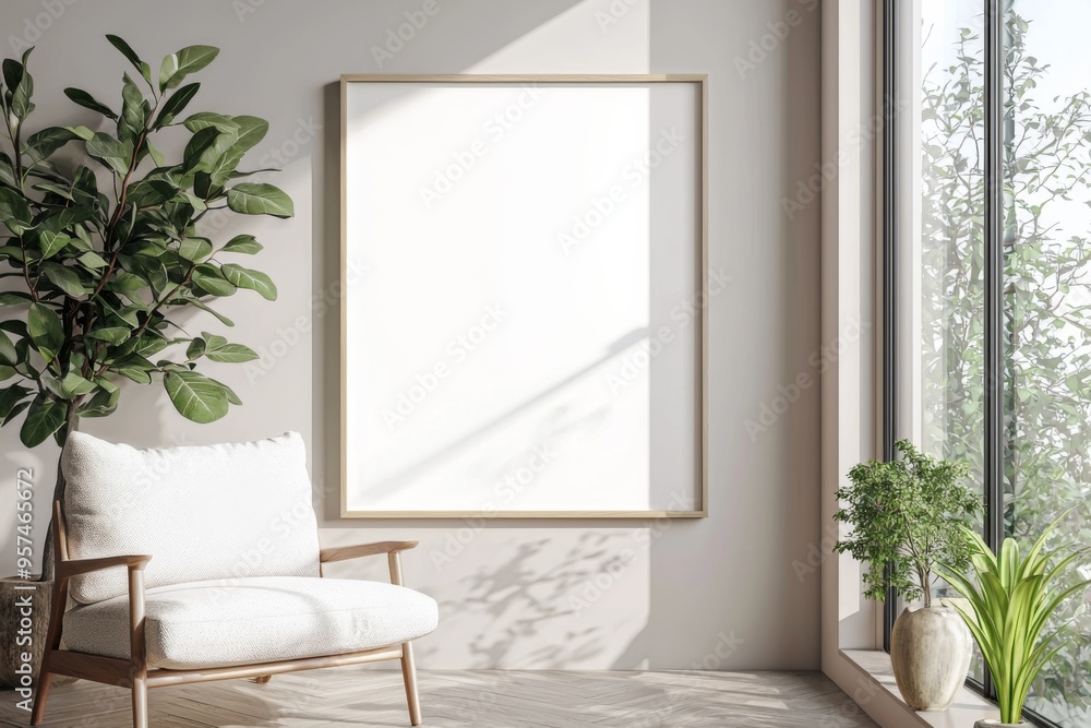 Fototapeta premium Poster Frame in Beige minimalist living room interior created with generative AI