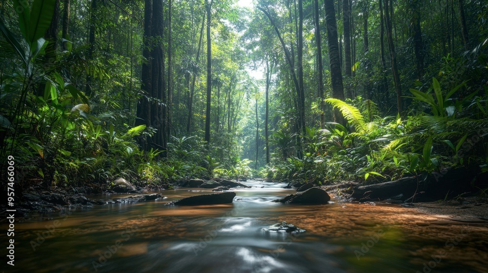 Fototapeta premium A wide view of a forest with a clear, babbling brook running through it, surrounded by lush vegetation and a canopy of trees.