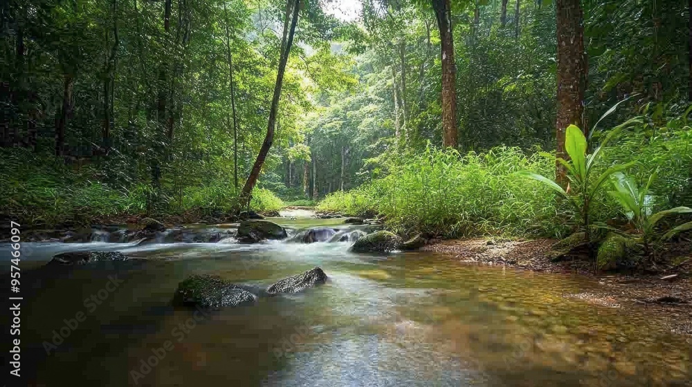 Fototapeta premium A wide view of a forest with a clear, babbling brook running through it, surrounded by lush vegetation and a canopy of trees.