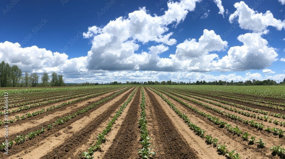 A wide-angle view of a freshly planted vegetable field, with neat rows of seedlings and a blue sky with fluffy clouds overhead. A wide-angle view of a freshly planted vegetable field, with neat rows of seedlings and a blue sky with fluffy clouds overhead.