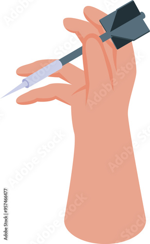 Hand is holding a dart, preparing to throw it at a target in this isometric illustration