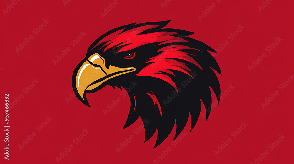 Obraz premium A red and black eagle head logo with a gold beak. Eagle. Illustration