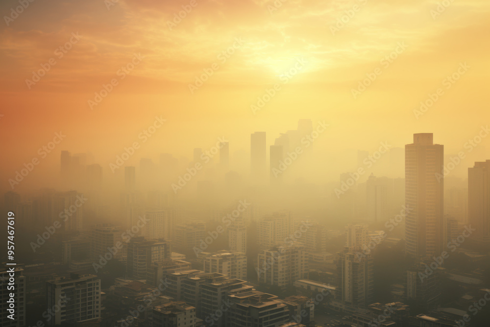 A city skyline, obscured by smog and illuminated by a setting sun, reveals skyscrapers through thick, yellowish haze A city skyline, obscured by smog and illuminated by a setting sun, reveals skyscrapers through thick, yellowish haze