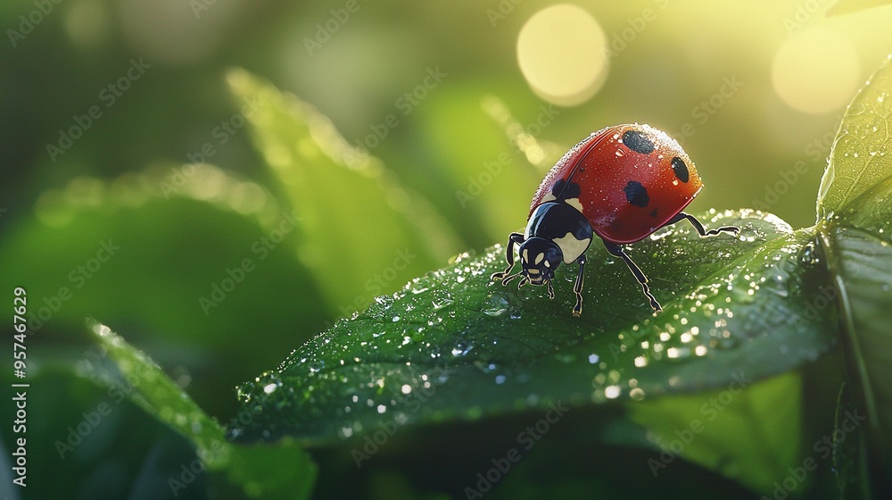 Obraz premium A ladybug atop a green leaf, glistening with dewdrops under the warm sunlight