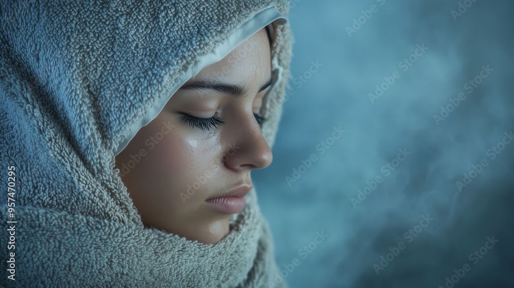 A young woman wrapped in a soft towel, deep in thought amidst a tranquil, hazy blue background A young woman wrapped in a soft towel, deep in thought amidst a tranquil, hazy blue background
