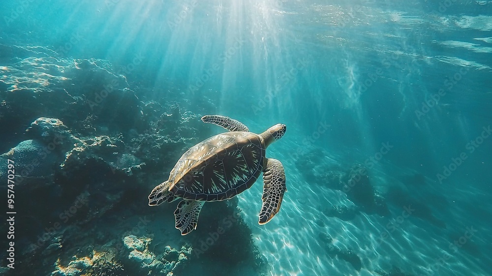 Obraz premium A turtle swimming in the ocean with sunlight illuminating its back and head above the water's surface