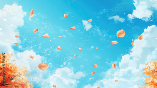 Whimsical fall leaves floating among fluffy clouds