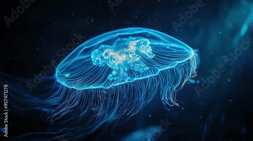   A jellyfish's close-up in water, with its head turned for a lifelike resemblance