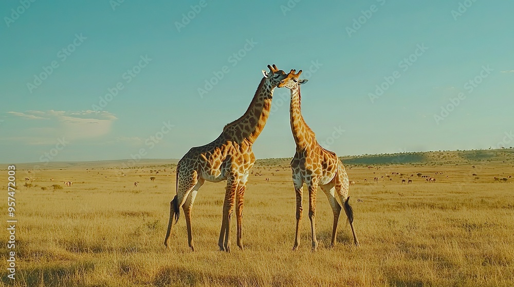 Obraz premium Two giraffes stand beside each other on a dry field with hills in the background
