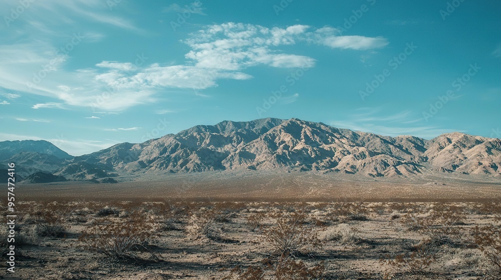 Fototapeta premium A mountain range stands in a desert's heart, surrounded by scant grass and bushes in the foreground The backdrop boasts a blue sky adorned
