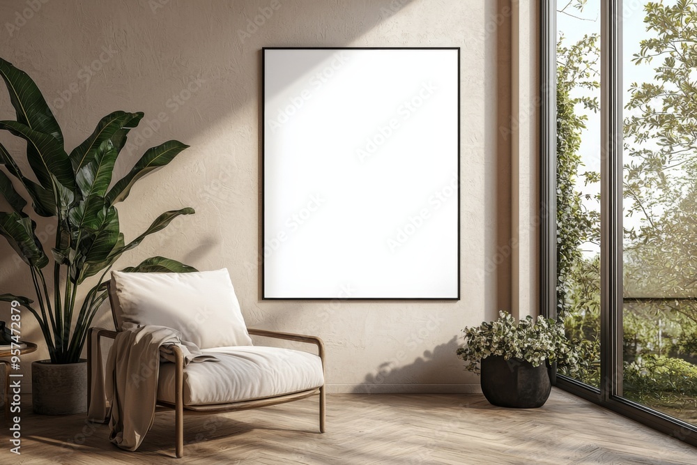 Poster Frame in Beige minimalist living room interior created with generative AI Poster Frame in Beige minimalist living room interior created with generative AI