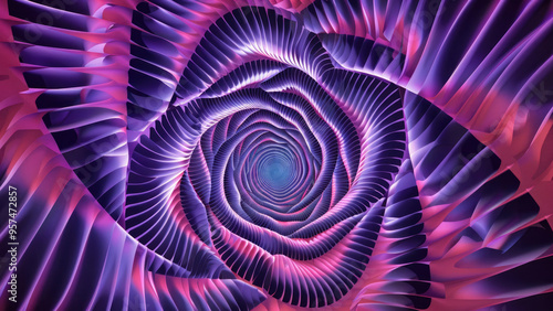 Abstract spiral structure with neon lights and flowing lines