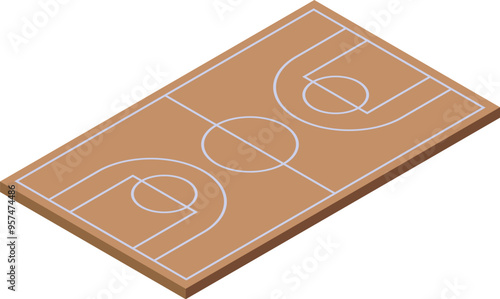 Illustration showing an isometric view of a basketball court with its markings