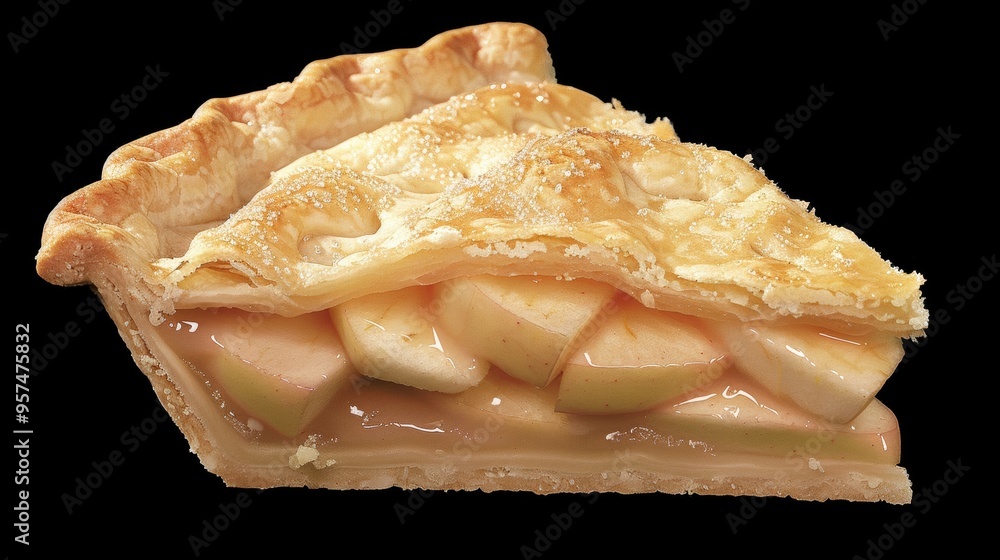 Slice of fresh apple pie with golden crust on black background Slice of fresh apple pie with golden crust on black background