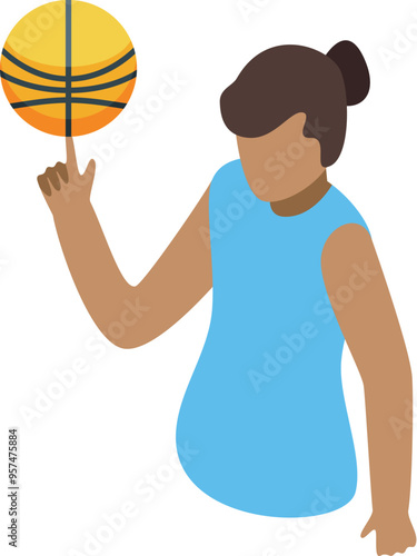 Young female athlete spinning a basketball on her fingertip, showcasing balance and skill
