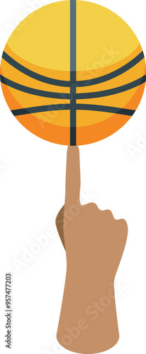Hand is skillfully spinning a basketball on its fingertip, showcasing balance and dexterity