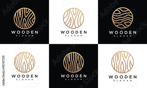 collection of wood grain texture logo design illustrations made with circles and lines